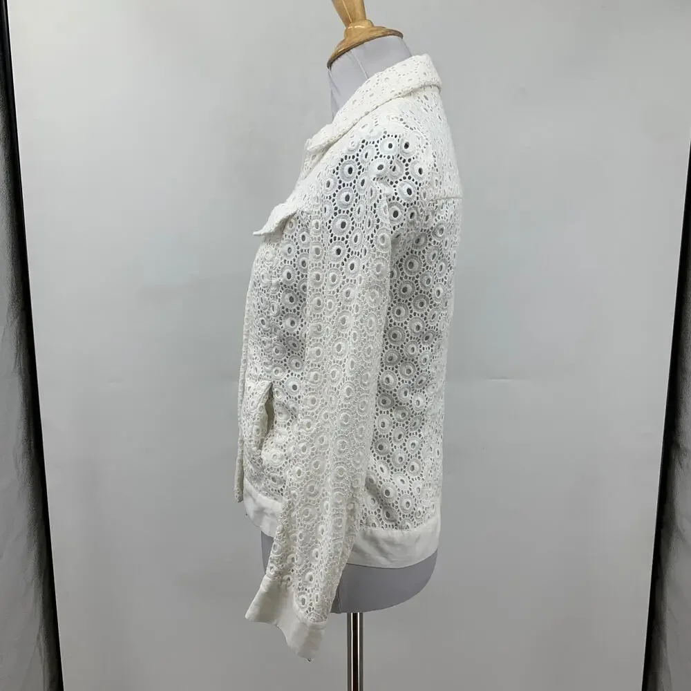 Anne Fontaine Jacket Womens 36 White Ugoline Casual Eyelet Overlay Full Zip Crop